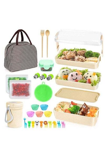 COOYA 27 Pcs Box Lunch Box Kit,Stackable 3-in-1 Compartment Japanese Leakproof Lunch Containers
