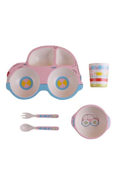 COOYA Kids Dinnerware Set, 5 Piece Car Shaped Plate and Bowl Set.