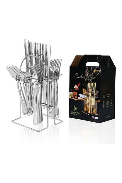COOYA 24-Piece Cutlery Set with Storage Holder in Silver, Stainless Steel, Dishwasher Safe, Food-grade