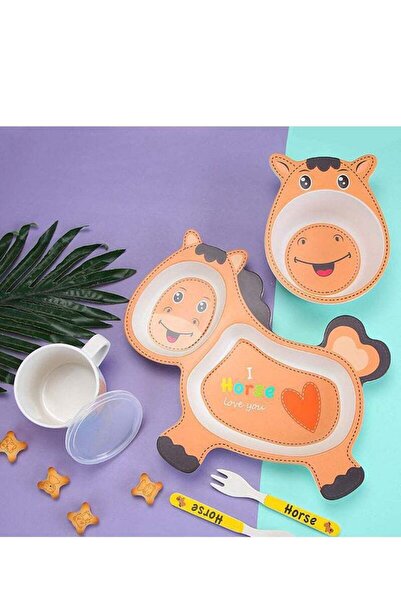 COOYA Brown Pony Shaped Baby Dinnerware Set, BPA-Free Silicone, Dishwasher Safe Toddler Plates 5-Piece