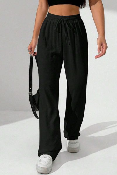 Tarz Cool Black Wide Leg Muslin Women's Trousers