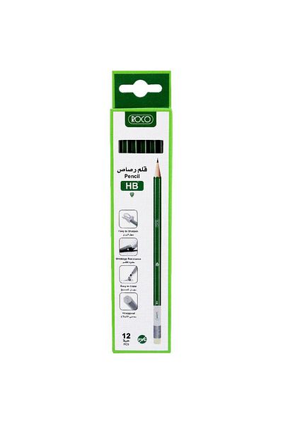 Roco Premium HB Hexagonal Green Barrel Pencils with Erasers – Set of 12 Standard Pencils