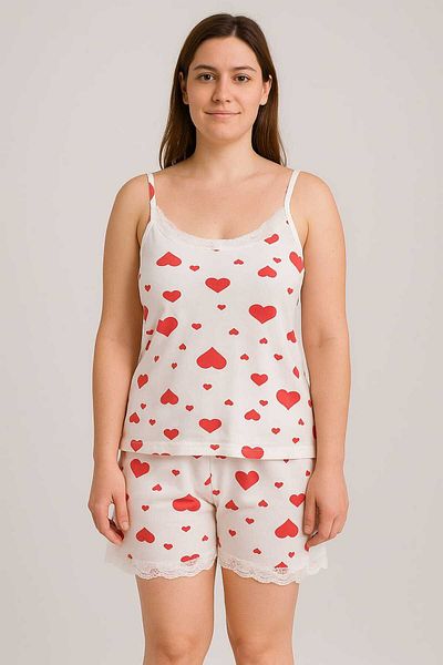 MODA Red Heart Lace Detailed White Strap Shorts Set
