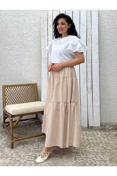 KÜÇÜĞÜM BUTİK Κρεμ φούστα Gingham σε στρώσεις