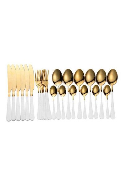 COOYA 24-Piece Stainless Steel Cutlery Set Gold/White