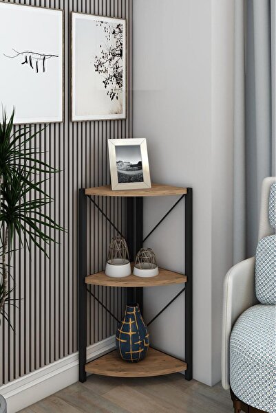 Remaks Datça 3 Raflı Metal Köşe Kitaplık Rafı Dekoratif Aksesuar Rafı Ceviz