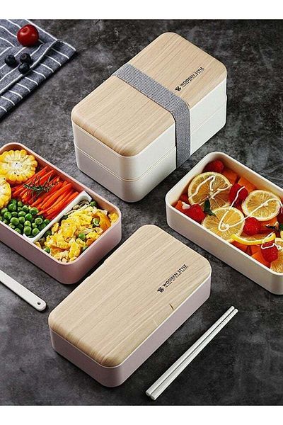 COOYA Easy Clean Double Layer Lunch Box Bundle Divider Japanese Style with Plastic Cutlery White
