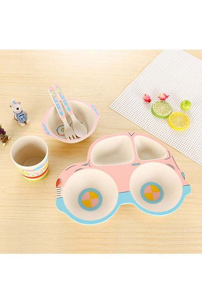 COOYA Kids Dinnerware Set, 5 Piece Car Shaped Plate and Bowl Set.