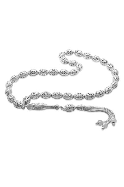 Tesbihane 3 lü Kamçı Top Püsküllü Kafes Tasarım Arpa Kesim Gümüş Renk 925 Aya...