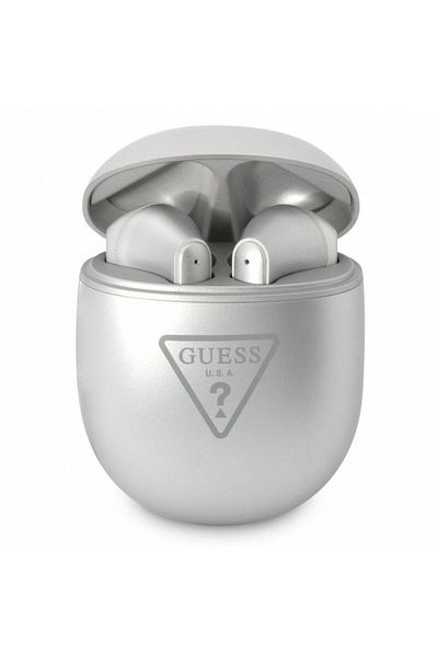 REDz Accessories Căști wireless Guess + stație de încărcare, Bluetooth TTWS, GUTWST82TRS, logo triunghi, argintii