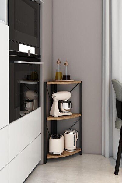 Remaks Datça 3 Raflı Metal Köşe Çiçeklik Saksılık Rafı Dekoratif Aksesuar Rafı Ceviz