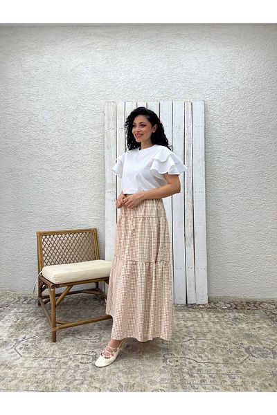KÜÇÜĞÜM BUTİK Κρεμ φούστα Gingham σε στρώσεις