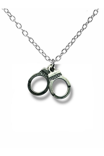 Herşey Nota Freedom Written Handcuff Necklace – Silver Color Zamak Metal Unisex Freedom Themed Jewelry