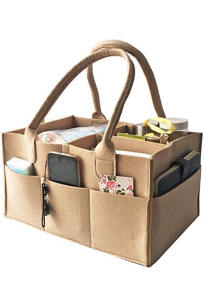 Saharaz Portable Baby Storage Bag, Felt Fabric, Removable Dividers, with PU Leather Handle, Brown