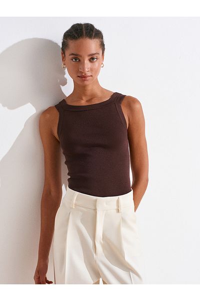 Dilvin 10770 Square Neck Strap Knitwear Blouse-Brown
