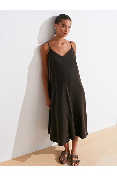 Dilvin 90562 Thin Strap Piece Dye Denim Dress-Brown