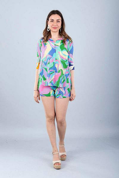 Bonitas Beachwear Voal Shorts Suit Turquoise Flowered