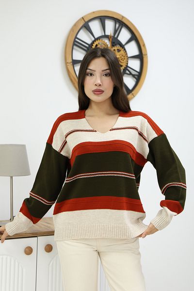 ALCHON V-Neck Long Sleeve Wide Loose Cut Three Color Skirt Elastic Color Block Basic Seasonal Knitwear Sweater