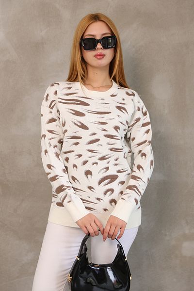 ALCHON Round Neck Long Sleeve Jacquard Panel Peacock Pattern Winter Knitwear Sweater with Elastic Waist