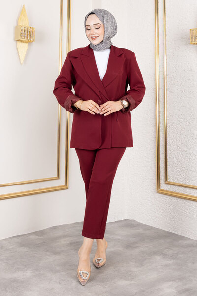 Tesettür Dünyası Tie Detailed Blazer Suit Tsd250196 Burgundy
