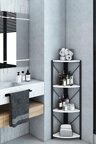 Remaks Datça 4 Raflı Banyo Rafı Köşe Metal Çok Amaçlı Dekoratif Raf Beyaz