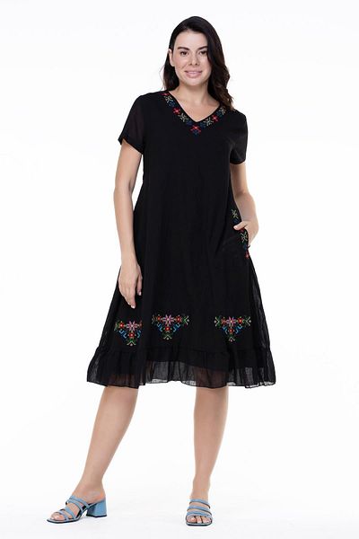 Eliş Şile Bezi Short Sleeve Plus Size Moonlight Voile Embroidery Detailed Midi Length Summer Authentic Dress Black Syh