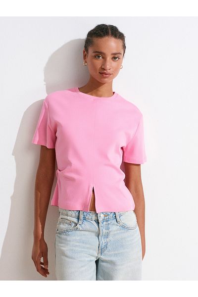 Dilvin 31874 Slit Detailed T-Shirt-Pink