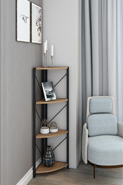 Remaks Datça 4 Raflı Metal Köşe Kitaplık Rafı Dekoratif Aksesuar Rafı Ceviz