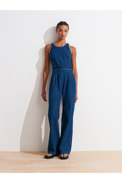 Dilvin 72020 Belted Denim Jumpsuit-Navy Blue