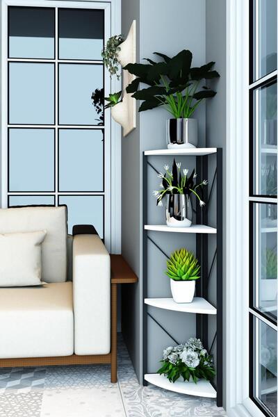 Remaks Datça 4 Raflı Metal Köşe Rafı Çiçeklik Saksılık Çok Amaçlı Dekoratif Raf Standı Beyaz