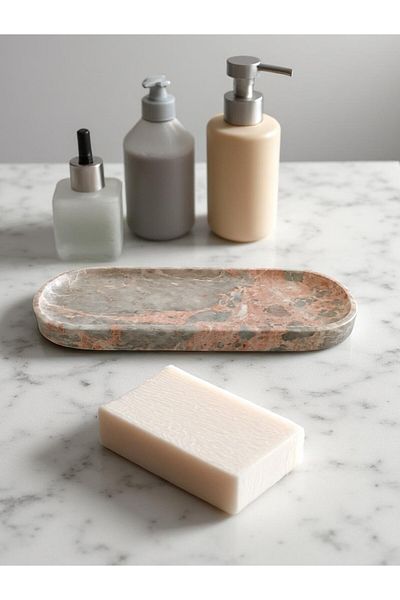 Hangora Oval Marble Bathroom Organizer Tray (Gray&Pink)