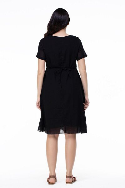 Eliş Şile Bezi Short Sleeve Plus Size Voile Neslihan Midi Length Floral Pattern Summer Dress Black Syh
