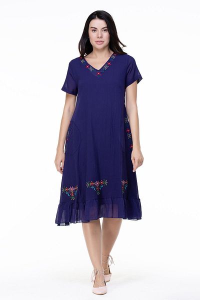 Eliş Şile Bezi Short Sleeve Plus Size Moonlight Voile Embroidery Detailed Midi Length Summer Authentic Dress Purple Purple