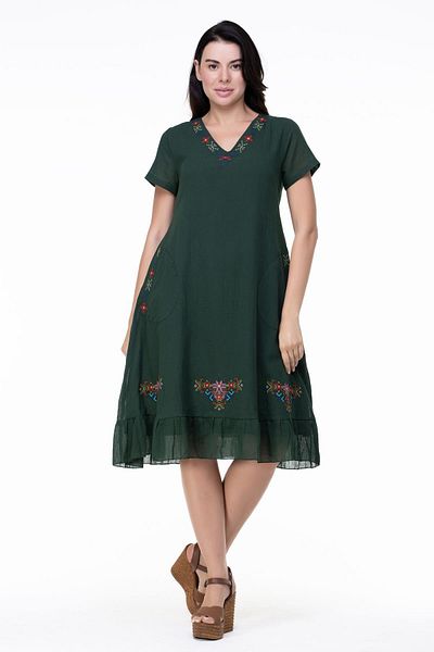 Eliş Şile Bezi Short Sleeve Plus Size Moonlight Voile Embroidery Detailed Midi Length Summer Authentic Dress Green Ysl