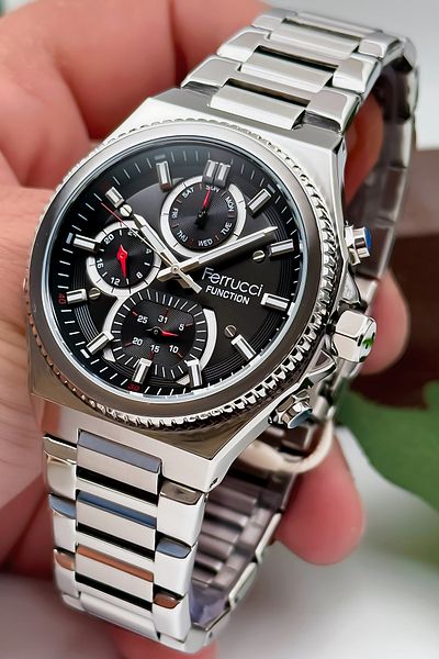 Ferrucci Function Men's Wristwatch Steel Case & Steel Cord Silver-Black Zmfer186