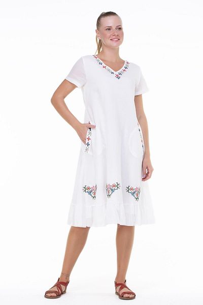Eliş Şile Bezi Short Sleeve Plus Size Moonlight Voile Embroidery Detailed Midi Length Summer Authentic Dress Cream Cream