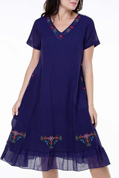 Eliş Şile Bezi Short Sleeve Plus Size Moonlight Voile Embroidery Detailed Midi Length Summer Authentic Dress Purple Purple