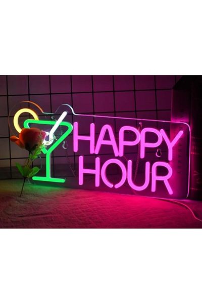 OBRO Decorative LED lamp "Happy Hour" for kitchen, bar and pub, USB, pink and green, 43x21 cm