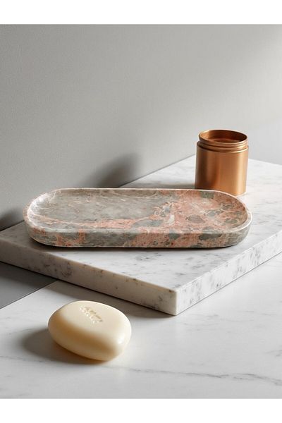 Hangora Oval Marble Bathroom Organizer Tray (Gray&Pink)