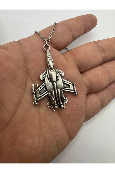Herşey Nota Aviation Themed Necklace with Jet Plane Figure – Silver Color Zamak Unisex Jewelry
