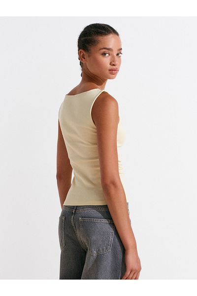 Dilvin 31589 Gathered Boat Neck Top-Light Yellow