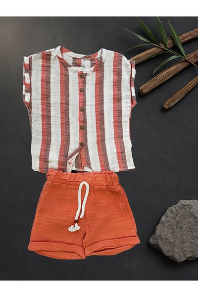 Rhythm Clothing Miniworld Stripe Pattern, Full Cotton, Muslin Fabric, Shorts Girl's Bottom-Top Set