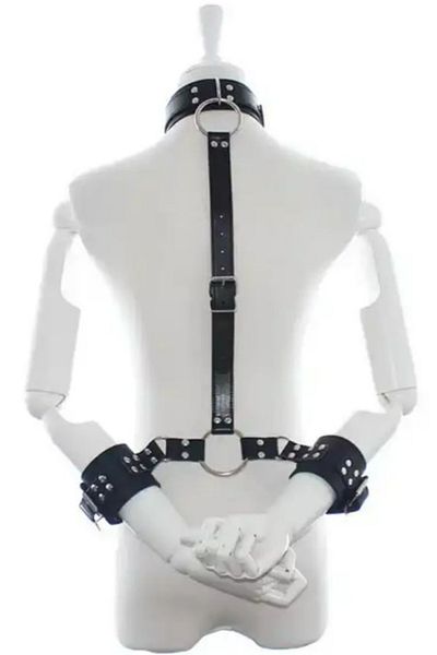 OBRO Erotic harness type BDSM bondage accessory, eco-leather, adjustable unisex, handcuffs and collar, black