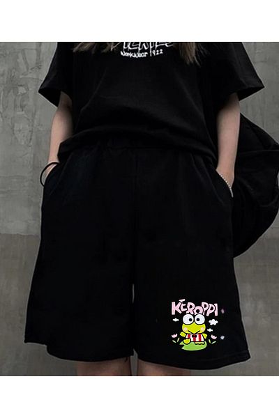 Touz Moda Μαύρο χτενισμένο βαμβακερό σορτς με στάμπα Snrio Figure