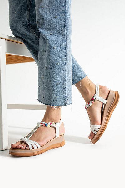 Ayax White Three-Striped Casual Women's Sandals with Stone Accessories