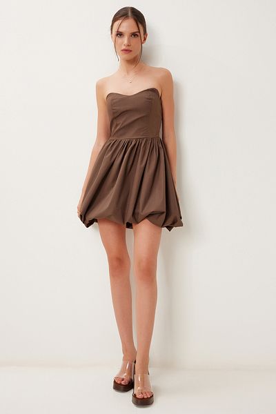 Lovelyİstanbul Super Mini Woven Balloon Dress Brown Lfn0100