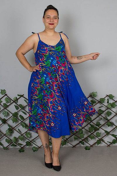 Truva XXL Plus Size Suspender Cotton Patterned Blue Dress – up to Size 50