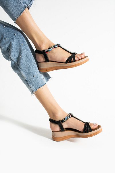 Ayax Black Three-Striped Casual Women's Sandals with Stone Accessories