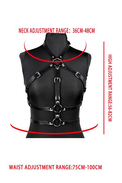 OBRO Sexy provocative harness made of eco-leather for the chest, black with metal accessories, One Size
