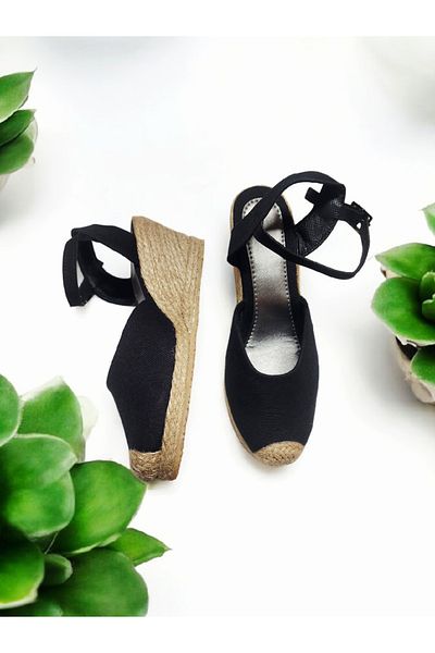 GokceKundura06 Wedge Heel Open Back Straw Linen Sandals